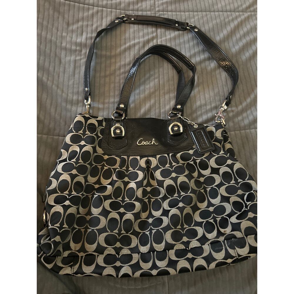 Coach Ashley Signature Canvas Handbag in Black and Gray.